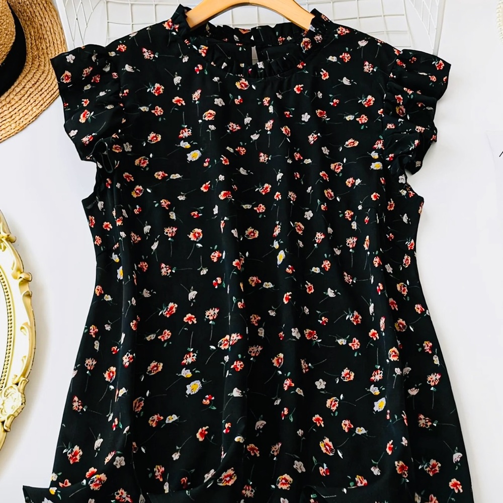Black Ruffled Mandarin Collar Blouse
